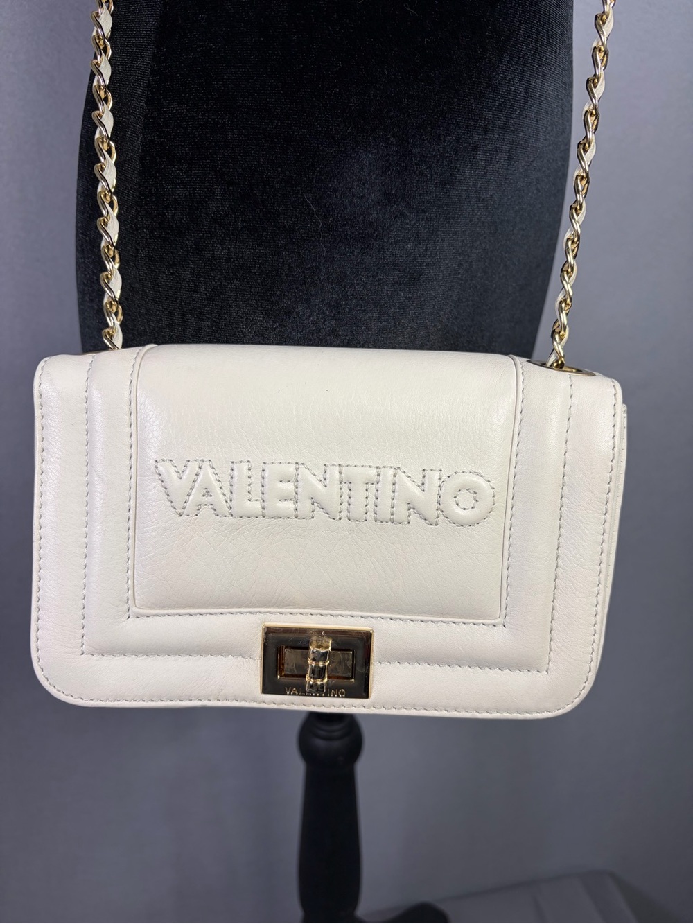 Valentino Cream Leather Chain Crossbody Bag with Gold Hardware